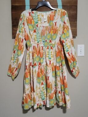 Anthropologie Mary O' Malley Floral Print   Deep V Neck Button Down Tiered Dress